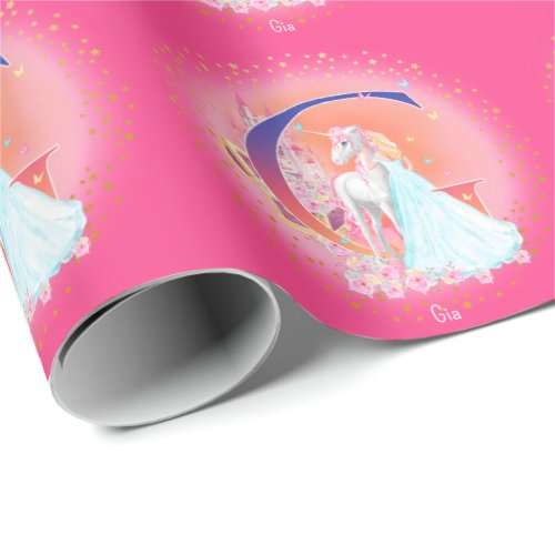Unicorn and Princess with Castle Letter G Monogram Wrapping Paper