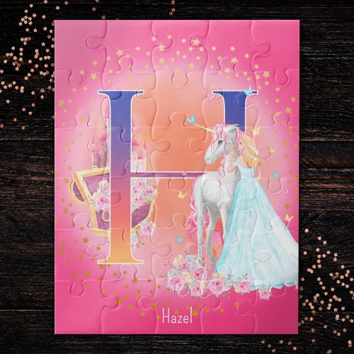 Unicorn and Princess with Castle Letter H Monogram Jigsaw Puzzle