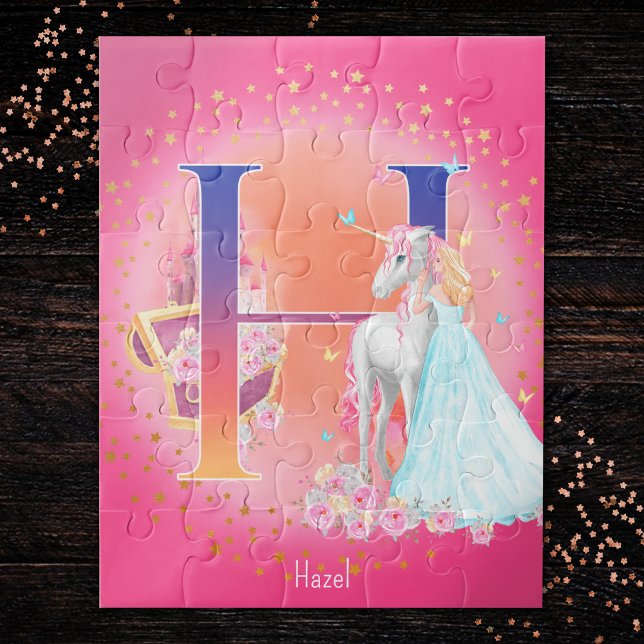 Unicorn and Princess with Castle Letter H Monogram Jigsaw Puzzle (Creator Uploaded)