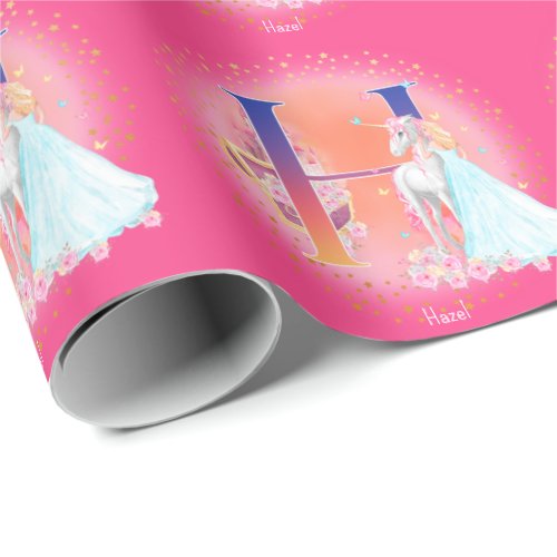 Unicorn and Princess with Castle Letter H Monogram Wrapping Paper
