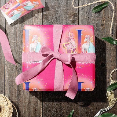 Unicorn and Princess with Castle Letter I Monogram Wrapping Paper