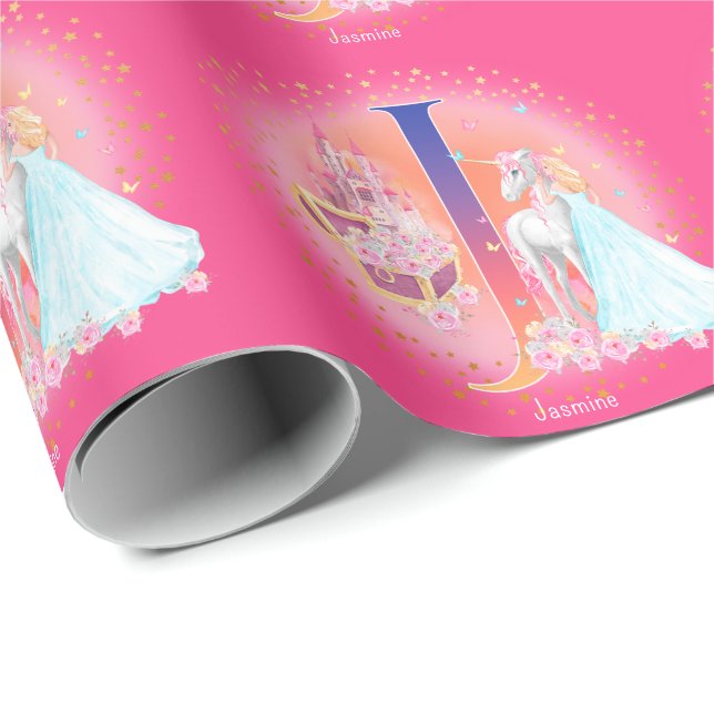 Unicorn and Princess with Castle Letter J Monogram Wrapping Paper (Roll Corner)