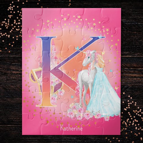 Unicorn and Princess with Castle Letter K Monogram Jigsaw Puzzle