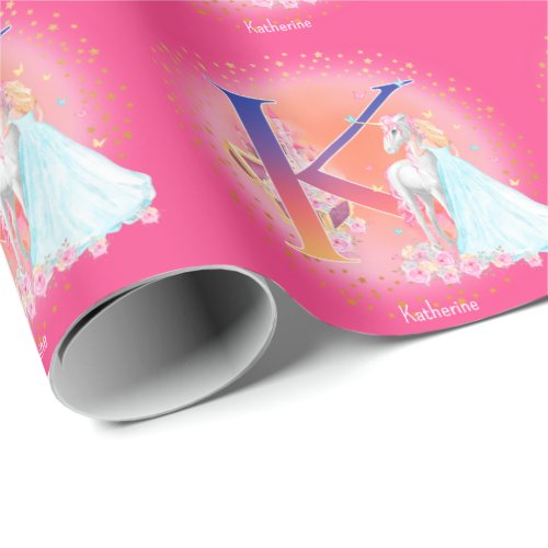 Unicorn and Princess with Castle Letter K Monogram Wrapping Paper