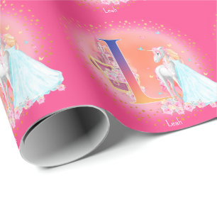 Unicorn and Princess with Castle Letter L Monogram Wrapping Paper