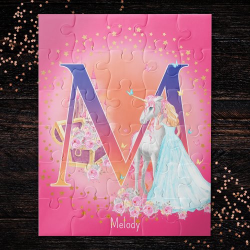 Unicorn and Princess with Castle Letter M Monogram Jigsaw Puzzle