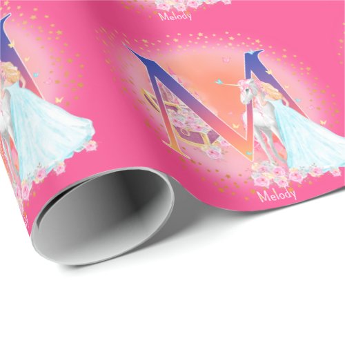 Unicorn and Princess with Castle Letter M Monogram Wrapping Paper