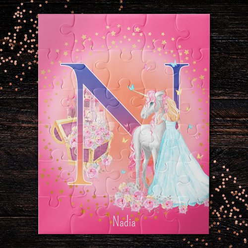 Unicorn and Princess with Castle Letter N Monogram Jigsaw Puzzle