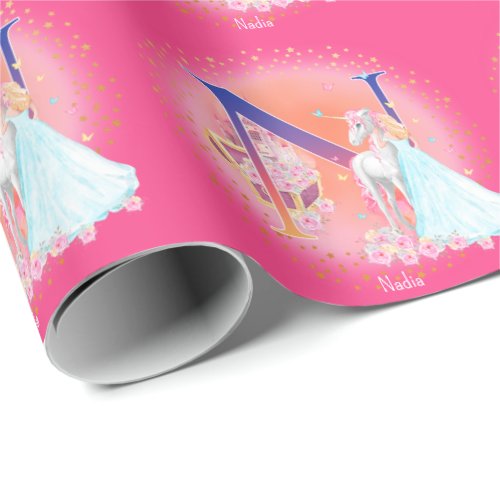 Unicorn and Princess with Castle Letter N Monogram Wrapping Paper