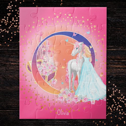 Unicorn and Princess with Castle Letter O Monogram Jigsaw Puzzle