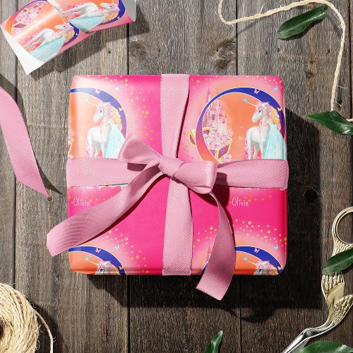 Unicorn and Princess with Castle Letter O Monogram Wrapping Paper