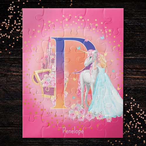 Unicorn and Princess with Castle Letter P Monogram Jigsaw Puzzle