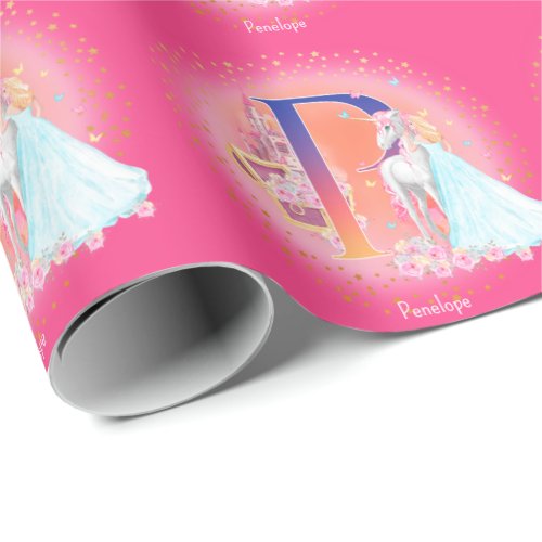 Unicorn and Princess with Castle Letter P Monogram Wrapping Paper