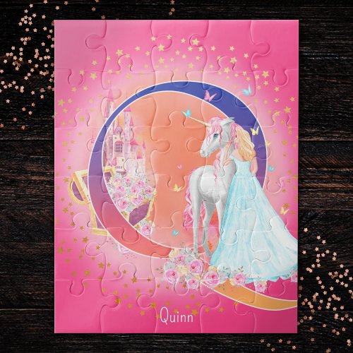 Unicorn and Princess with Castle Letter Q Monogram Jigsaw Puzzle