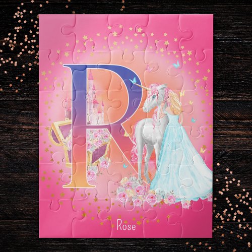 Unicorn and Princess with Castle Letter R Monogram Jigsaw Puzzle