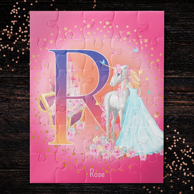 Unicorn and Princess with Castle Letter R Monogram Jigsaw Puzzle (Creator Uploaded)