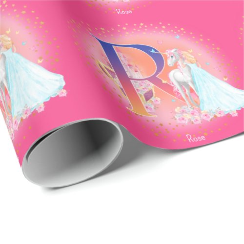 Unicorn and Princess with Castle Letter R Monogram Wrapping Paper