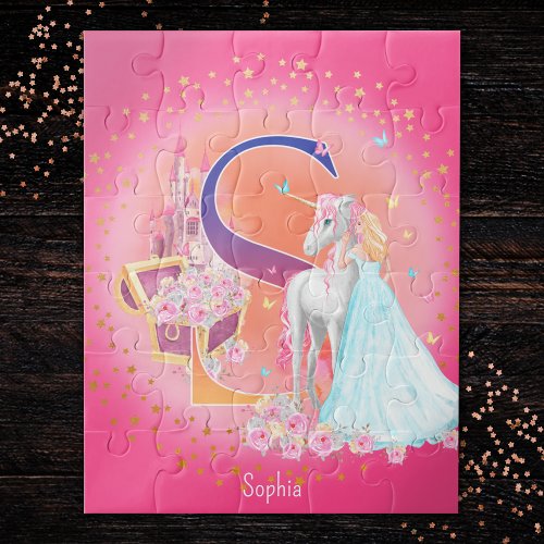Unicorn and Princess with Castle Letter S Monogram Jigsaw Puzzle