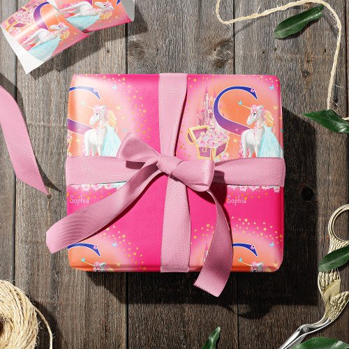 Unicorn and Princess with Castle Letter S Monogram Wrapping Paper
