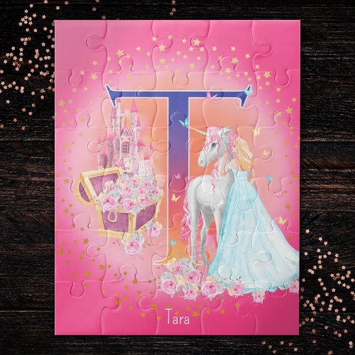 Unicorn and Princess with Castle Letter T Monogram Jigsaw Puzzle