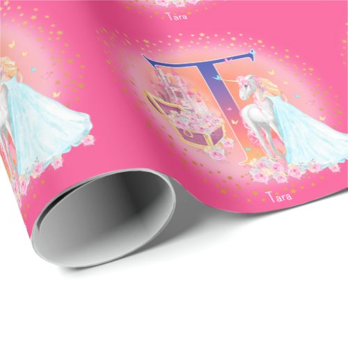 Unicorn and Princess with Castle Letter T Monogram Wrapping Paper