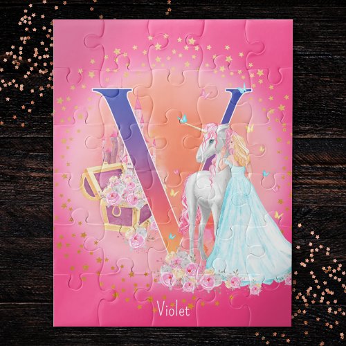 Unicorn and Princess with Castle Letter V Monogram Jigsaw Puzzle