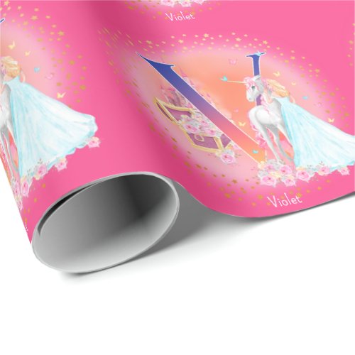 Unicorn and Princess with Castle Letter V Monogram Wrapping Paper