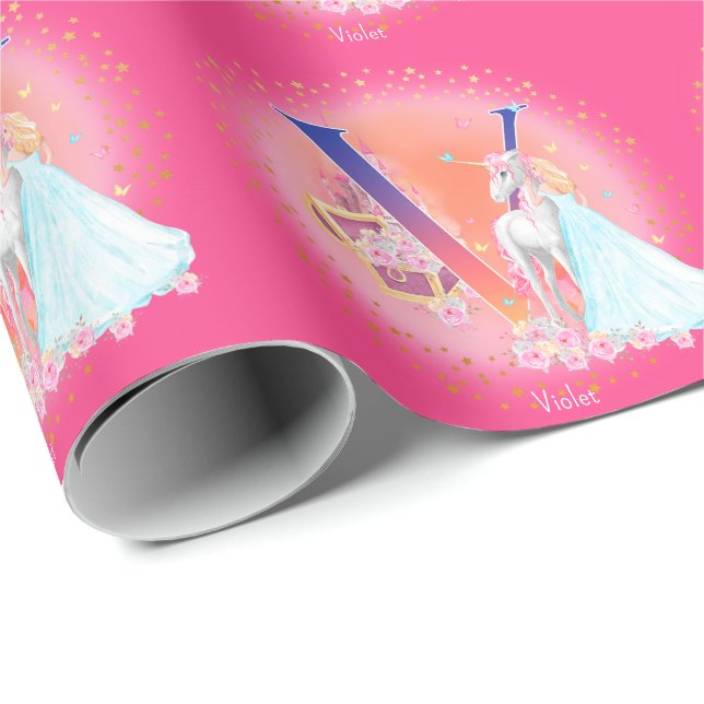 Unicorn and Princess with Castle Letter V Monogram Wrapping Paper (Roll Corner)