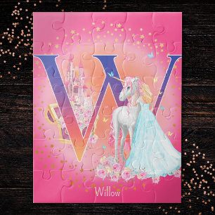 Unicorn and Princess with Castle Letter W Monogram Jigsaw Puzzle