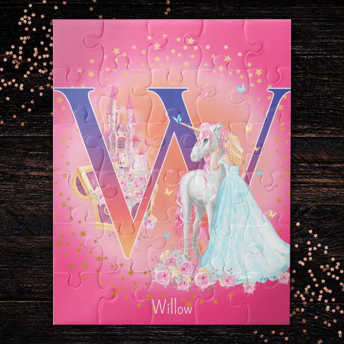 Unicorn and Princess with Castle Letter W Monogram Jigsaw Puzzle