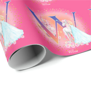 Unicorn and Princess with Castle Letter W Monogram Wrapping Paper