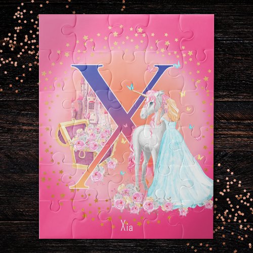 Unicorn and Princess with Castle Letter X Monogram Jigsaw Puzzle