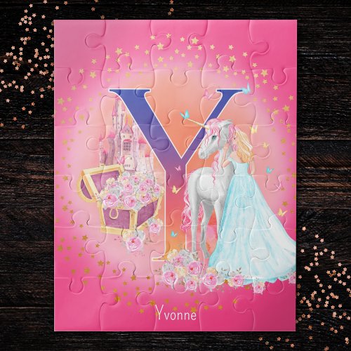 Unicorn and Princess with Castle Letter Y Monogram Jigsaw Puzzle