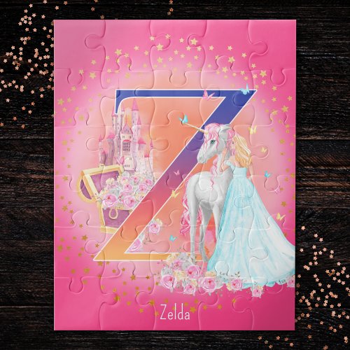 Unicorn and Princess with Castle Letter Z Monogram Jigsaw Puzzle