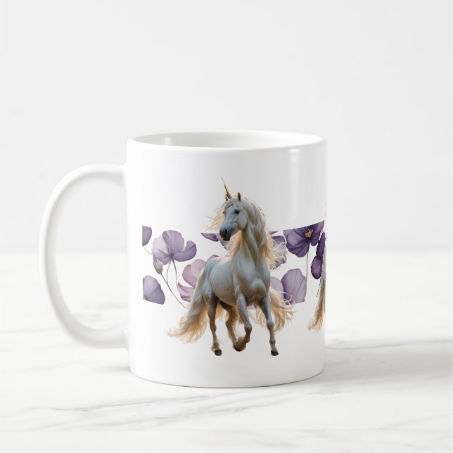 Unicorn and purple flowers coffee mug (Left)