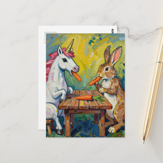 Unicorn and Rabbit Eating Carrots Postcard (Front/Back In Situ)