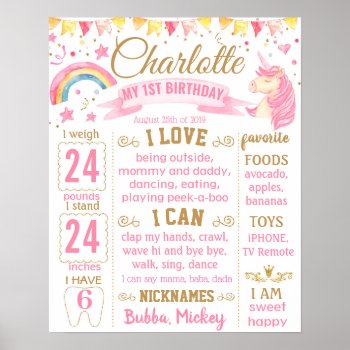 Unicorn And Rainbow Birthday Board Poster by 10x10us at Zazzle