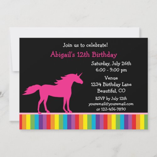 Unicorn and Rainbow Birthday Invitation for Girls