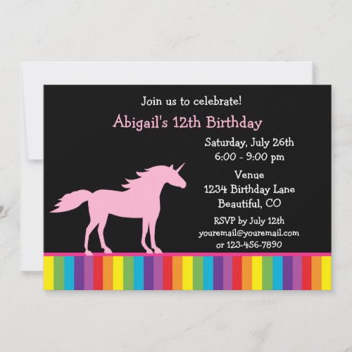 Unicorn and Rainbow Birthday Invitation for Girls