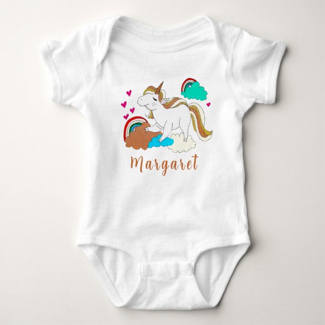Unicorn And Rainbow Cute Personalized Name Cute Baby Bodysuit (Front)