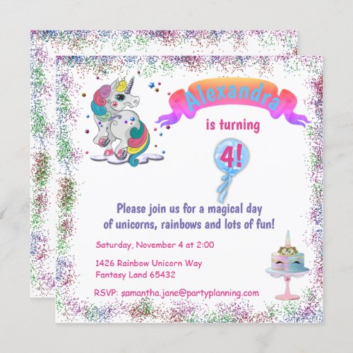 Unicorn and Rainbow Glitter Birthday Invitation