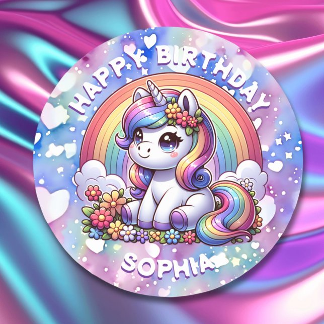 Unicorn and Rainbow Personalized Birthday Girl Classic Round Sticker (Creator Uploaded)