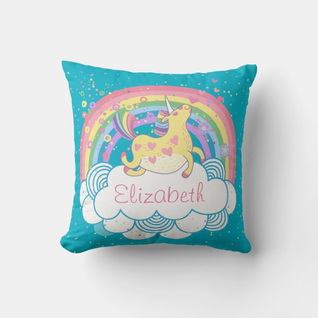 Unicorn and Rainbow Personalized Girls Pillow Gift (Front)