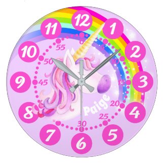 Unicorn and rainbow purple pink art kids clock