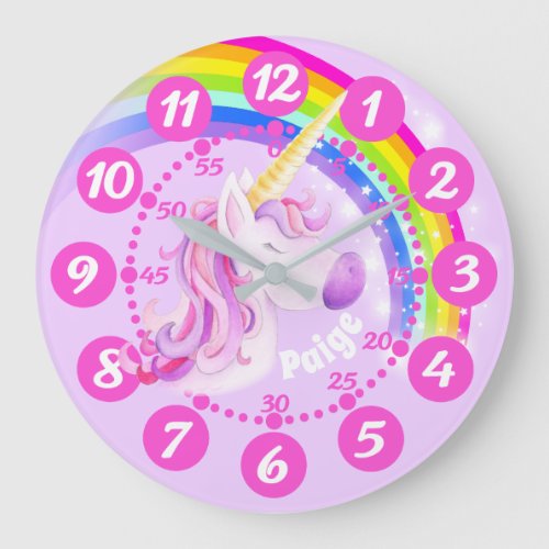 Unicorn and rainbow purple pink art kids clock