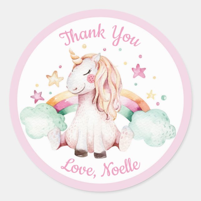 Unicorn and Rainbow Thank You Favor Classic Round Sticker (Front)