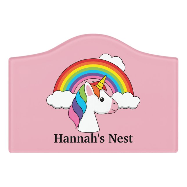 Unicorn and Rainbow w Clouds Kawaii | Personalize Door Sign (Small Crest Front)
