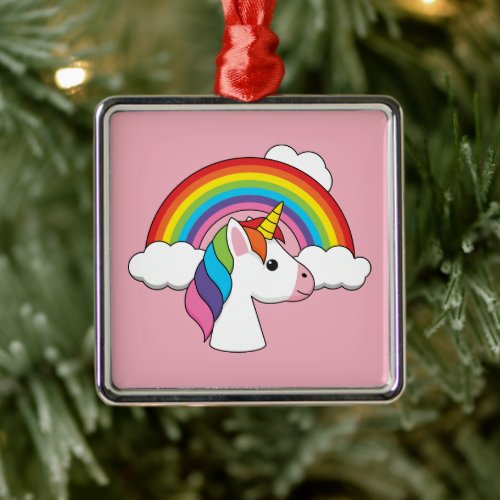 Unicorn and Rainbow with Clouds Kawaii Metal Ornament