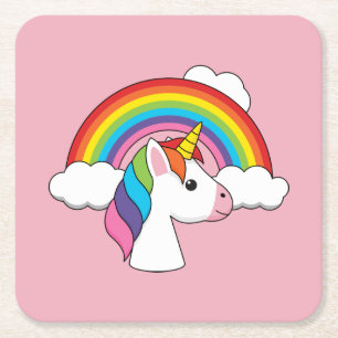 Unicorn and Rainbow with Clouds Kawaii Square Paper Coaster