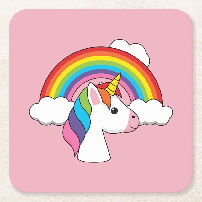 Unicorn and Rainbow with Clouds Kawaii Square Paper Coaster (Front)